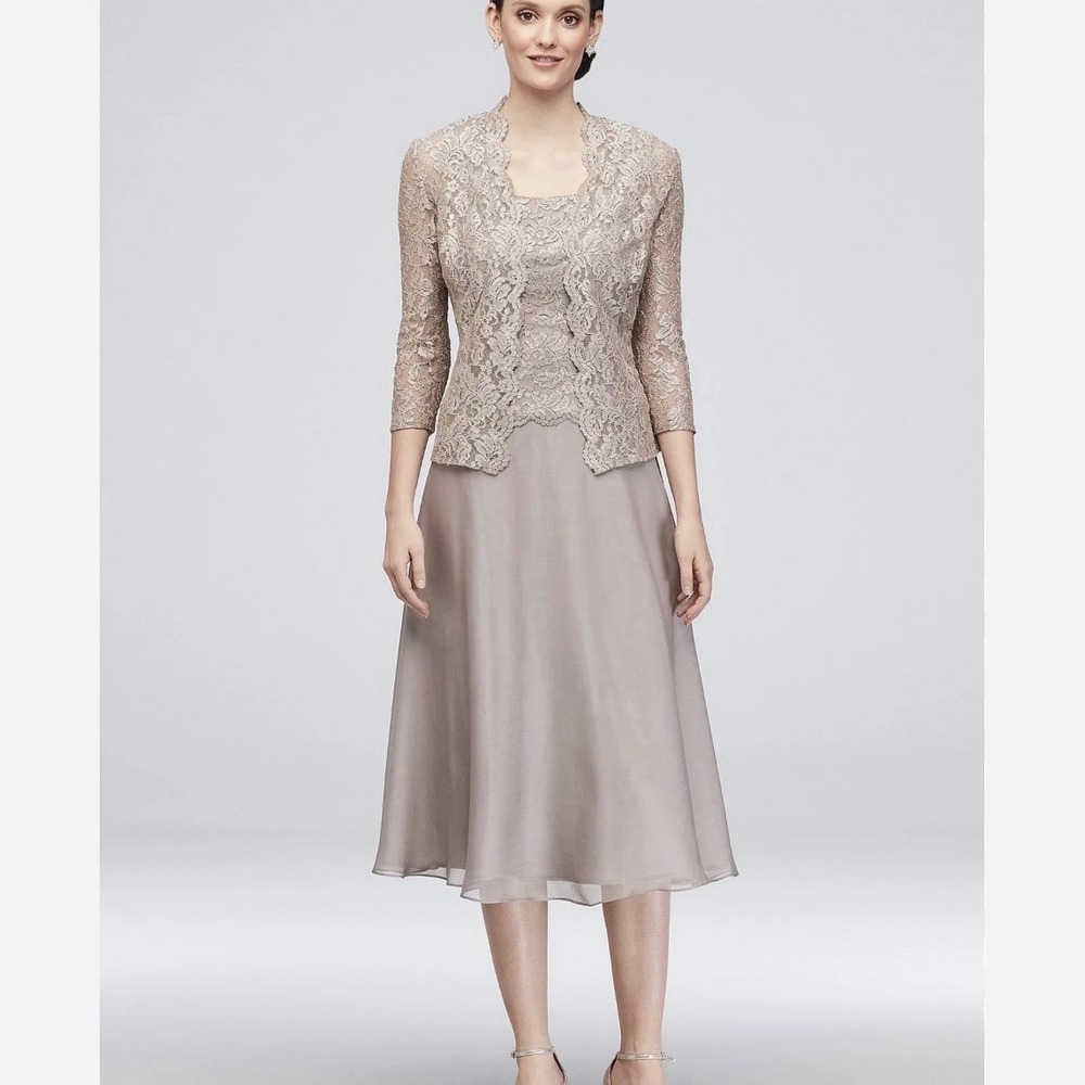 Alex Evenings Champagne Glitter Lace Chiffon Sleeveless Dress Jacket Size 16